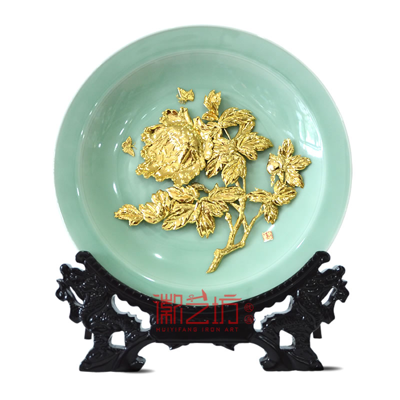 牡丹金畫(huà)龍泉青瓷擺件 家居辦公擺設(shè) 特色手工文化藝術(shù)品