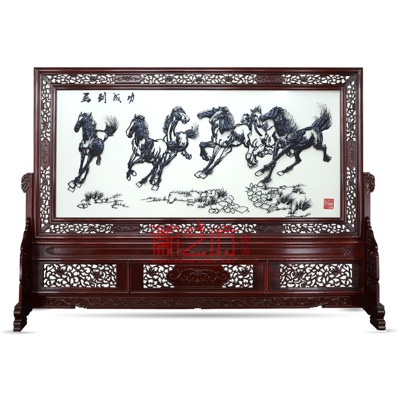 馬到成功雕花屏風(fēng)鐵畫 單位大廳屏風(fēng)隔斷 國家級非遺藝術(shù)品