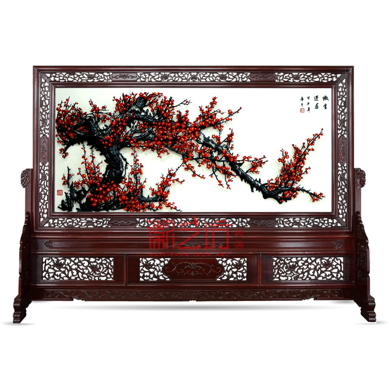 傲雪迎春蕪湖鐵畫紅木雕花屏風 企事業(yè)單位大廳 酒店大堂屏風隔斷