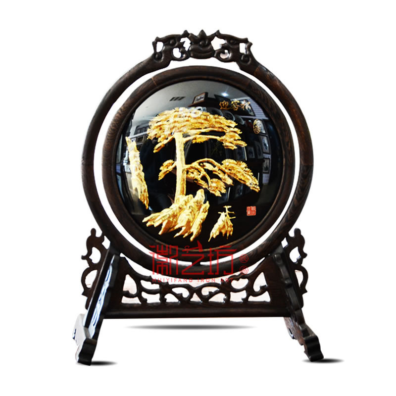 古典臺屏雙面鍍金鐵畫迎客松+馬到成功 商務(wù)會議饋贈禮品 安徽特色手工藝術(shù)